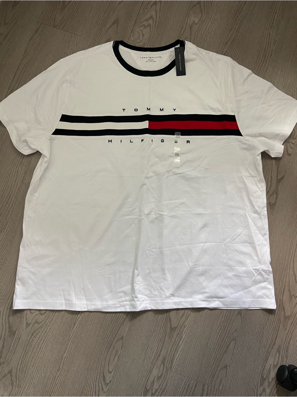 Tommy Hilfiger White Crewneck Tee with Black and Red Stripe